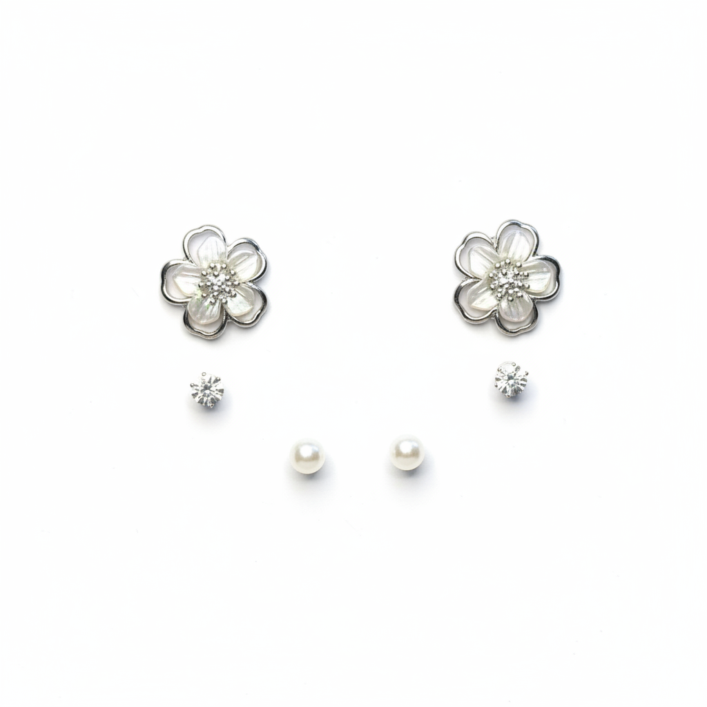 Silver Mother of Pearl Flower Earring Set - White Background Retry
