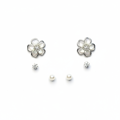 Silver Mother of Pearl Flower Earring Set - White Background Retry