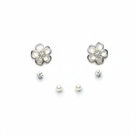 Silver Mother of Pearl Flower Earring Set - White Background Retry