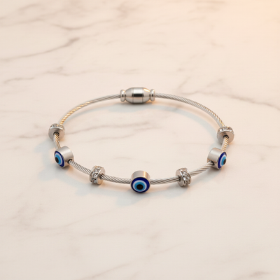 Blue Evil Eye Cable Bangle in Silver