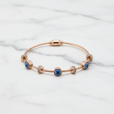 Blue Evil Eye Cable Bangle in Rose Gold
