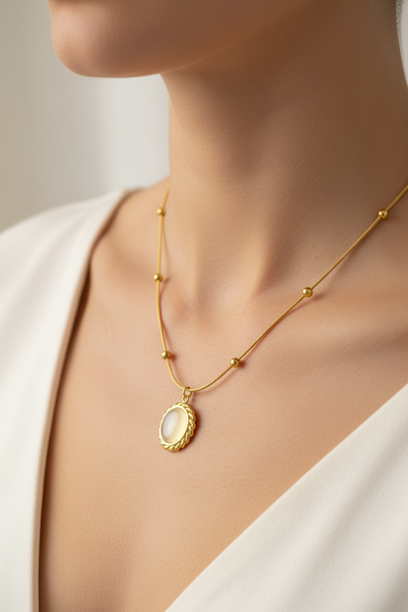 Vellore Cat Eye Oval Pendant Model Shot